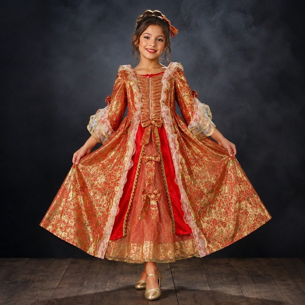 Girls Red Gold Brocade Marie Antoinette Rococo Costume Gown Dress Size 10-12